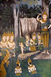 Fresko, das eine Szene aus dem Leben Buddhas in Wat Phra Doi Suthep, Chiang Mai, Thailand darstellt. Buddha als Kind